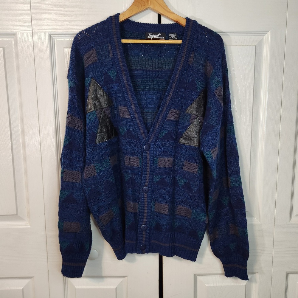 Vintage Impact Blue Geometric Cardigan Sweater Leather Trim Mens Large 80s 90s